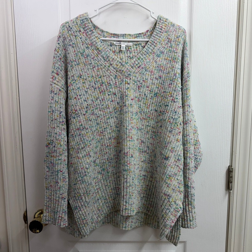 Seven7 multicolor speckled soft plush knit v-neck long sleeve sweater relaxed XL